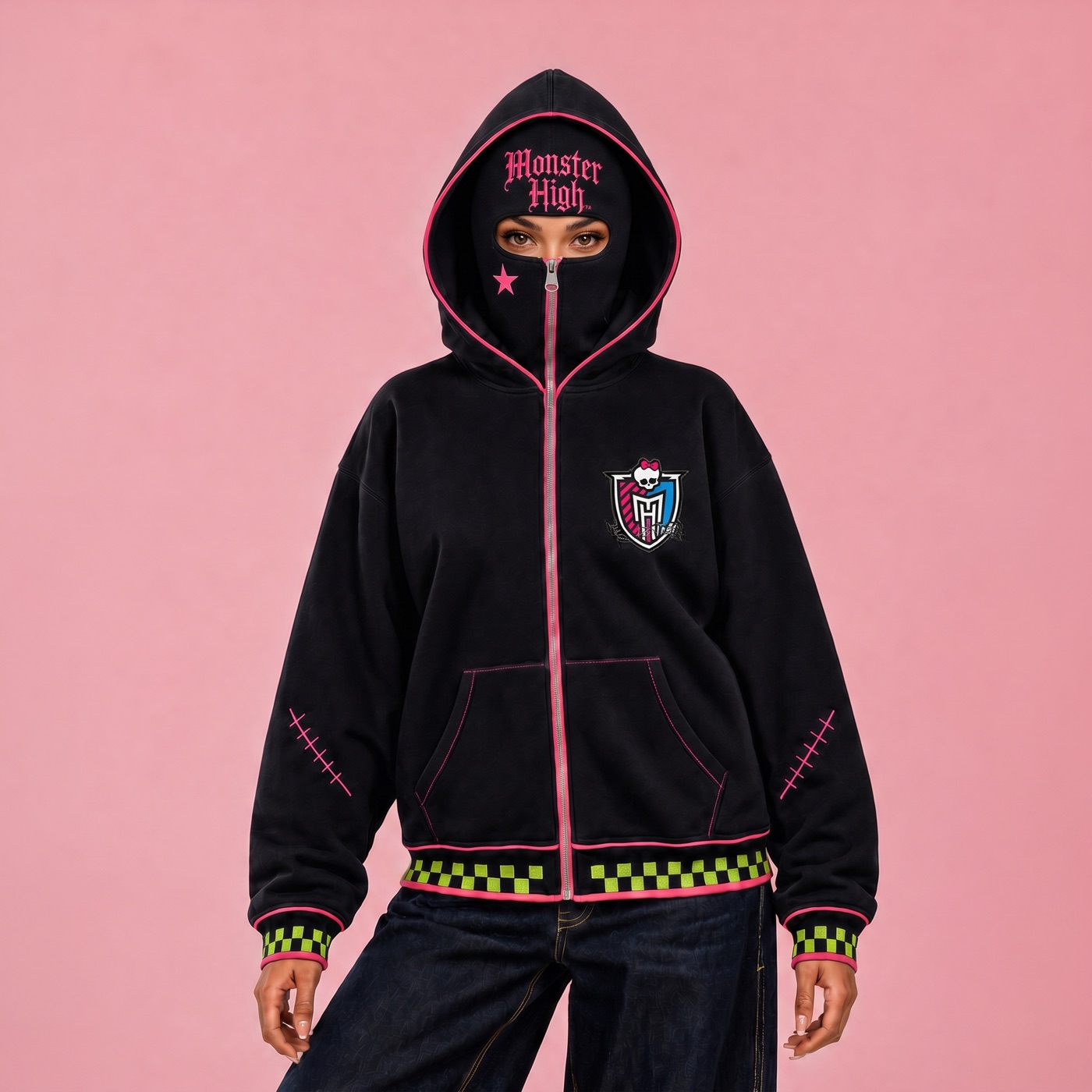 Black Crypt Cut balaclava hoodie, full look against a pink background